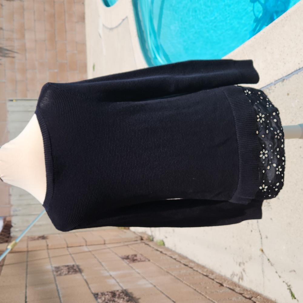 Loft Black Sweater with Eyelet Lace Hem - Size Medium - Picture 5 of 9